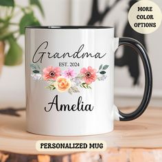 a personalized mug with flowers on it