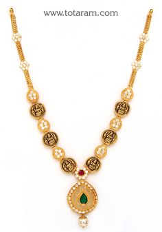 22 Karat Gold 'Lakshmi' Necklace with Cz, Color Stones & Japanese Culture Pearl (Temple Jewellery) - 235-GN4236 - in 17.800 Grams for USD $1479.39. 
Made in India by Totaram Jewelers Online this product is in Gold - 22 Karat BIS Hallmark 916 KDM Gold  & is an excellent gift for Adult - Women. Ships fully insured with secured guaranteed delivery for free with your order over $250 from New Jersey USA & comes with 30 days exchange policy. Luxury Brass Temple Necklace, Traditional Brass Temple Necklace, Luxury, Luxury Yellow Gold Temple Necklace With Gemstones, Luxury Yellow Gold Temple Necklace For Anniversary, Luxury 22k Gold Temple Necklace For Puja, Elegant Luxury Yellow Temple Necklace, Pearl Temple Jewellery, Indian Gold Jewelry, 22k Gold Necklace