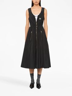 Miu Miu Sleeveless zip-up Midi Dress - Farfetch Sleeveless Miu Miu Spring Dresses, Spring Sleeveless Miu Miu Dresses, Miu Miu Sleeveless Spring Dresses, Sleeveless Miu Miu Summer Dress, Chic Sleeveless Miu Miu Dress, Chic Summer Miu Miu Dresses, Black Sleeveless Dress With Zipper Closure, Spring Nylon Midi Dress, Silk Summer Dress