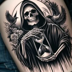 a skeleton holding an hourglass with roses and birds on the side of his thigh