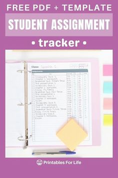 a binder with the text free printable student assignment tracker