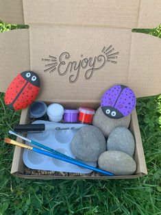 an open cardboard box with rocks, paint and pencils in it on the grass