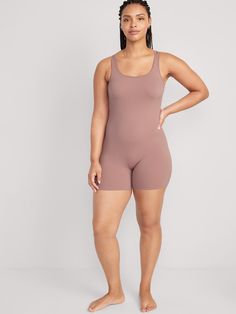 Elasticized square neck.  Wide shoulder straps.  Rib-knit nylon.  Fitted through body.  Women's sleeveless lounge bodysuit hits above knee.  Regular inseam: 6".  Models are wearing sizes S (numeric size 4), L (numeric size 12), and XL (numeric size 18). machine wash according to the care instruction label Sleeveless Micro-elastic Bodysuit With Built-in Bra, Stretch Bodysuit With Built-in Bra And Square Neck, Fitted Seamless Bodysuit, Stretch Tank Top With Built-in Bra And Square Neck, Solid Bodysuit With Stretch And Tank Straps, Stretch Bodysuit With Tank Straps, Seamless Second-skin Tank Bodysuit, Solid Stretch Bodysuit With Tank Straps, Sleeveless Stretch Bodysuit With Built-in Bra