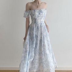 Welcome To Joskka Store! Dresses French Style, Shabby Chic Dress, Off Shoulder Long Dress, Blue Floral Print Dress, Fairy Dresses, Elegant Midi Dresses, Cottagecore Fashion, Dress Cottagecore, Off Shoulder Fashion