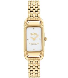 From COACH&#x2C; the Women's Cadie Quartz Analog Gold Bracelet Watch features: Gold-plated tank case and braceletSilver white satin dial&#x2C; horse & carriage motifDeployment closure Mineral crystal quartz analog movementCase diameter approx. 17.5mm x 28.5mmWater-resistant up to 99 feetImported. Accessories Watches Women, Coach Watch, Jewelry Accessories Ideas, Dope Jewelry, Classy Jewelry, Jewelry Lookbook, Jewelry Inspo, Dream Jewelry, Cute Jewelry