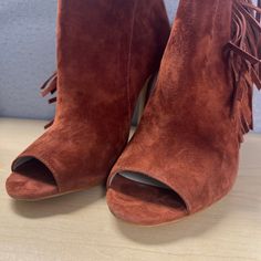 Brand New Open Toe Suede Booties With 3 1/2 Inche Heel Orange Closed Toe Heels For Fall, Orange Open Toe Heels For Fall, Orange Round Toe Heels With Stacked Heel, Orange Suede Heels With Round Toe, Open Toe Boots, Gold Boots, Suede Belt, Stiletto Boots, Black Leather Ankle Boots