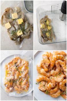 four pictures showing different types of shrimp and cheese