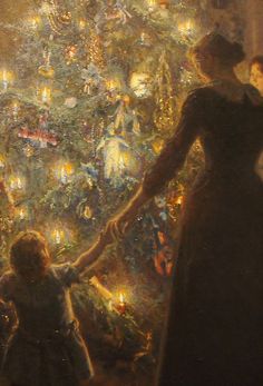 a painting of a woman holding hands with a child in front of a christmas tree