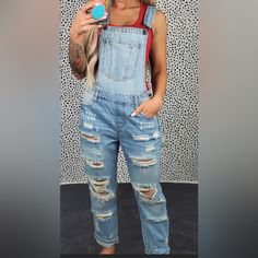 Cello Ankle Cut Overalls Distressed Throughout, Adjustable Straps, Front Pocket, Side Button And Zipper! Xs = 0/1 Xs Extra Small Style #765336ovr Trendy Distressed Overall Bottoms, Blue Distressed Denim Overalls, Distressed Blue Overalls, Ripped Blue Overalls, Blue Ripped Overalls, Ripped Blue Denim Overalls, Spring Ripped Blue Overalls, Spring Blue Ripped Overalls, Blue Ripped Casual Overalls