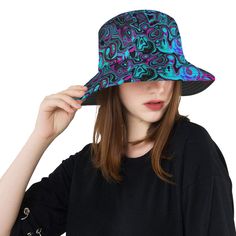 Bucket Hats, Retro Aqua Magenta and Black Abstract Swirl Tye Dye Bucket Hat, Hippie Hat, Blue Bucket Hat, Retro Hats, Boho Hat, Floral Hat, Garden Quilt, Jean Large, Unique Hats