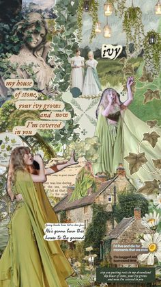 a collage with many different pictures and words on the page, including an image of a woman in a green dress