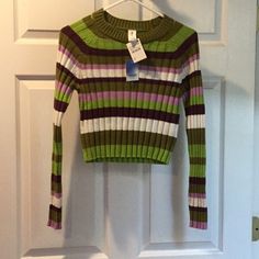 Nwt Nordstrom Rack Abound Long Sleeve Sweater Xs - Green Multi Stripe Purple Long Sleeve Sweater With Ribbed Cuffs, Retro Purple Long Sleeve Sweater, Long Sleeve Purple Knit Sweater, Purple Wool Long Sleeve Sweater, Fitted Vintage Multicolor Sweater, Nordstrom Rack, Green And Purple, Long Sleeve Sweater, Scoop Neck