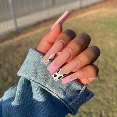 Cute Cow Acrylic Nails, French Nails With Cow Print, Vaquera Nails Long, Cow Theme Nails Pink, Pink Cow Print Nails Acrylic Long, Cow Inspired Nails, Cute Nail Ideas For Acrylics, Pastel Cow Print Nails, Acrylic Cow Print Nails