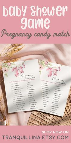 baby shower game with pink flowers on it and text overlay that reads, baby shower game pregnant candy match