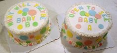 two birthday cakes sitting on top of each other, decorated with confetti and polka dots