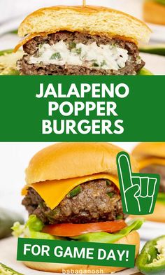 a hamburger with cheese, lettuce and tomato on it that says jalapeno popper burgers for game day