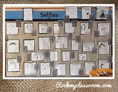 a bulletin board with drawings on it and the words selfies written in small squares