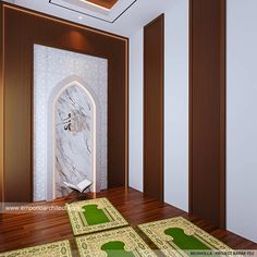 a room with wooden flooring and walls decorated in white, green and gold designs