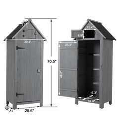 the measurements for an outdoor storage cabinet with doors and drawers are shown in grey wood