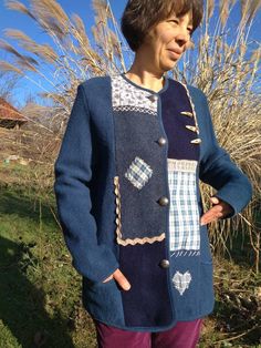 "Vintage Trachten style blue wool patchwork blazer decorated with horn and metal buttons. Warm Alpine style front buttoned cardigan with pockets. M size. 100% virgin wool. From shoulder to shoulder 17\"43cm Bust 41\"104cm Sleeve length 26\"66cm Length 30\"76cm" Blue Wool Cardigan For Fall, Blue Wool Blazer For Winter, Blue Wool Winter Blazer, Winter Wool Blue Blazer, Blue Wool Long Sleeve Cardigan, Vintage Winter Patchwork Blazer, Vintage Winter Blazer With Patchwork, Blue Wool Coat With Buttons, Blue Wool Winter Cardigan