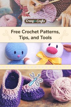 crochet patterns for slippers and shoes with text overlay that says free knitting patterns, tips and tools