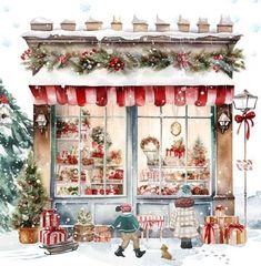 a watercolor painting of a store front decorated for christmas