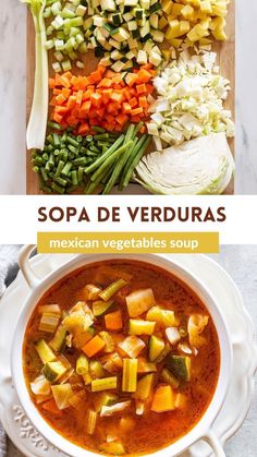 mexican vegetable soup in a white bowl on a wooden cutting board with the title, sopa de verduras mexican vegetables soup