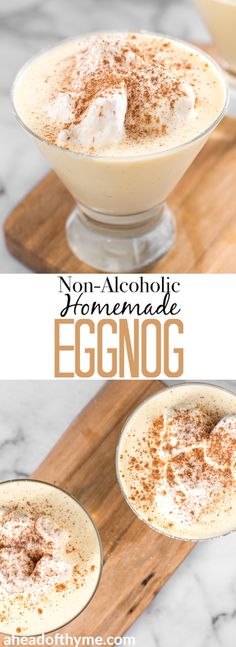 two glasses filled with eggnog on top of a wooden cutting board