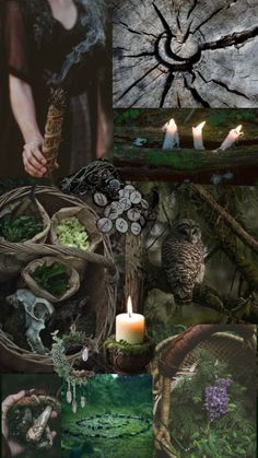 a collage with many different pictures including candles, trees and other things in it