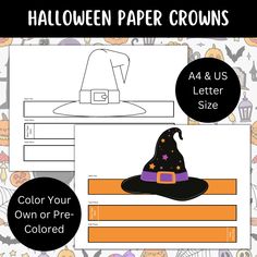 halloween paper crowns for kids to color and cut out with the witch hat on top