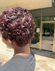 Short burgundy picie cut styled with pin curls. #shorthairstyles #shorthairstylesforwomen #blackhairstyles #pixiecut #pixiecutblackwomen #blackwomenhairstyles #blackwomenshorthair #shortredhair #redhair #pincurls #curls #curlshorthair #curlspoppin Pixie Burgundy Hair, Big Chop Wavy Hair, Burgundy Pixie Cut Black Women, Pixie Pin Curls, Burgundy Pixie Cut, Burgundy Pixie, Short Cute Hair, Pixie Cut Curly Hair, Pretty Short Hair