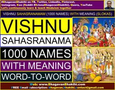 the poster for vishnu sahasanama with names and meaning in english