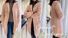 two pictures of a woman wearing a pink crochet cardigan