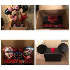 four different boxes with mickey mouse and other items in them, all decorated to look like they're going to disney world