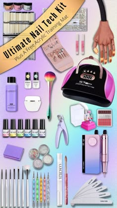 PRE-ORDER NOW (EXPECT SHIPPING FOR PRE-ORDERS TO TAKE 2-4 WEEKS MAX) Description: Are you wanting to start your own at-home nail business and save hundreds of dollars from going to the nail salon .Than this is the kit you need to start your nail career. This Kit includes everything you need to start learning and pursing your business. It includes over 20+ Mandatory items you need so you will not have to go looking for anything else after you receive this kit. You will not find everything that I provide in this kit anywhere else. This kit also comes with free nail tutorials & 2 of our own E-Books! Product List: (1) Nail Tip Cutters Nail Paint Tools (20 Piece Set) Manicure Tools (18 Piece Set)  (1) 3oz EMA Monomer  (1) Gel Top Coat (1) Gel Base Coat (6) Gel Polishes  UV Light Gel Lamp  Nail Nails Material Products, Gel Nail Set At Home, Nail Tech Tools List, Nails Products Tools, Nail Tools Kit, At Home Nail Kit, Nail Tech Kit, Starting A Nail Business At Home, Nail Kits For Beginners List