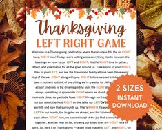 the thanksgiving left right game is shown with leaves and pumpkins around it, including corn on the cob