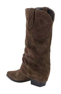 Side pull-tabs and a foldover shaft lend Western-inspired elements to a trend-savvy slouch boot balanced by a pointy toe and stacked block heel. 1 3/4" heel 10 3/4" shaft Leather upper/textile and synthetic lining/synthetic sole Imported Womens Fall Boots, Closet Collection, Pointed Toe Boots, Boho Chic Outfits, Slouched Boots, Stylish Boots, Boys Boots, Marc Fisher, Dream Shoes