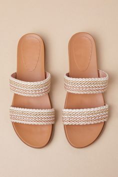 You'll be more than ready to stroll through the sunshine with the Galatia Natural Multi Woven Slide Sandals! These effortlessly cute sandals have a woven fabric construction (in neutral hues of ivory, beige, light brown, and taupe) that shapes a wide toe strap and matching vamp, atop an almond footbed. The simple slide-on design makes for easy, everyday styling! 0. 5" rubber heel. Smooth insole. Felted rubber sole has nonskid markings. Man made materials. Imported. Lulus | Galatia Natural Multi Woven Slide Sandal Heels | Size 9. Beach Woven Natural Color Slides, Beige Non-slip Flat Sandals, Beige Non-slip Slides For The Beach, Beige Textured Slide Sandals, Beach Slides With Braided Slip-on Straps, Fancy Sandals, Wineries Outfit, Tan Shoes, Swimming Outfit