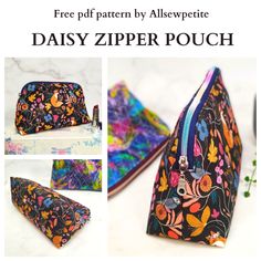 three different zipper pouches with flowers and leaves on them, one is multicolored