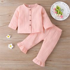 Girls Solid Long Sleeve Button Top & Pants - PrettyKid Pink Cotton Sets With Buttons, Spring Cotton Sets With Buttons, Cute Cotton Bottoms With Buttons, Pink Cotton Pants With Button Closure, Fancy Fabric, Solids For Baby, Boutique Stores, Girls Boutique, Button Top