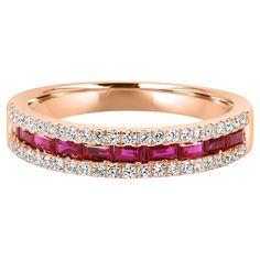 Discover the perfect blend of elegance and beauty with our stunning three-row band ring. The centerpiece features 10 baguette-cut Rubies totaling to 0.56 carats, radiating a rich, vibrant red hue that captures the eye. Flanking these captivating rubies, the top and bottom rows are adorned with 46 brilliant precisely set White Diamond rounds totaling 0.28 carats, adding a touch of sparkle and sophistication. Crafted in a pretty 18K rose gold, this ring offers a warm and romantic allure. The rich rose gold setting enhances the vivid red of the rubies and the dazzling sparkle of the diamonds, creating a bold and striking design. Whether worn as a statement piece or a sophisticated addition to your everyday collection, this three-row band ring is sure to turn heads and stand out with any outfi Luxury Round Band Ruby Jewelry, Elegant Luxury Baguette-cut Ruby Ring, Gold Ruby Ring With Rose Cut Diamonds, Fine Jewelry, Luxury Baguette-cut Ruby Ring In Yellow Gold, Luxury Gold Ruby Ring With Multi-stone, American Modern, Gold Fashion, Gold Set, Vibrant Red