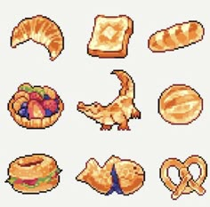 cross stitch food icons are shown in this pixel art style illustration, which includes breads, croissants and other foods