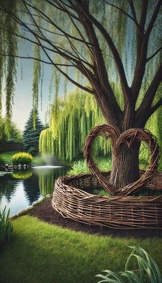 a painting of a heart shaped willow basket in front of a pond