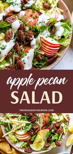 an apple pecan salad with lettuce, apples and walnuts on top