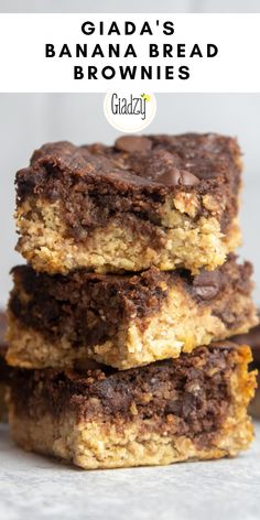 three pieces of banana bread brownies stacked on top of each other with text overlay