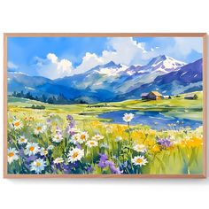 a painting of mountains and flowers in the foreground, with a lake on the other side