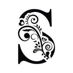 the letter s is decorated with swirls and leaves in black on a white background