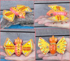 four different pictures of a hand holding a yellow and orange butterfly ornament, with multiple images of it's wings