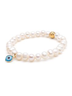 Women's Wristband with White Pearls and Blue Evil Eye Charm - Nialaya Jewelry Freshwater Mussels, Blue Evil Eye, Evil Eye Pendant, White Freshwater Pearl, Evil Eye Charm, Rubber Band, Cultured Pearls, Evil Eye, Pearl White