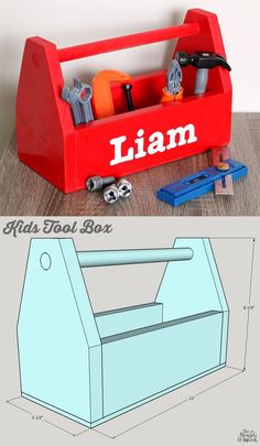 a red tool box with tools in it sitting on top of a wooden table next to a